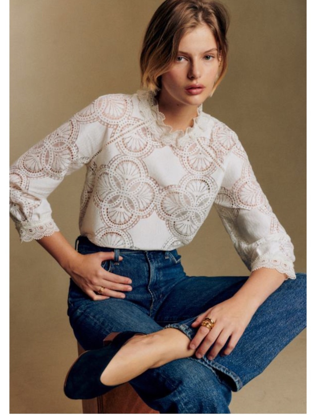 Sézane Bianca Blouse Lace Crochet Off White Size 2